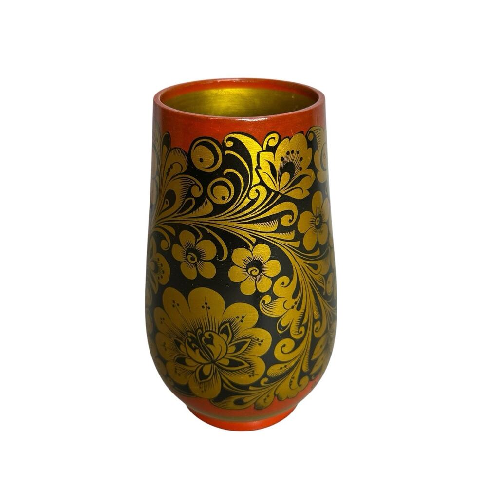 Vintage Russian Lacquer Khokhloma Wooden Folk Art Vase Retro Whimsical ￼